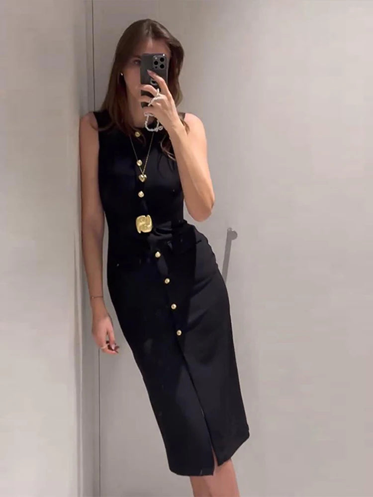 Buttoned Dresses - Long Dress With Belt Women Slim Single Breasted Front Split Sleeveless Female Dresses 2025 Summer Lady Vestido