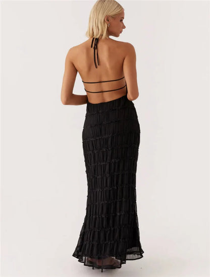 Party Dresses - Mozision Halter Backless Sexy Maxi Dress For Women Spring Summer New Lace-up Sleeveless Pleated Beach Holiday Long Dress Elegant