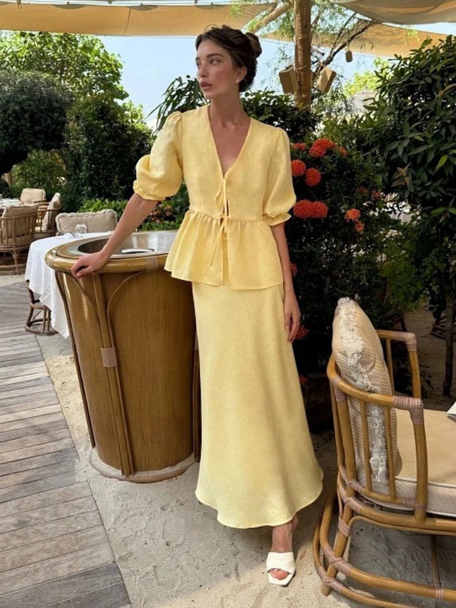 Matching Sets - Bornladies 2025 Summer Women's 100% Cotton V-Neck Lace-Up Bubble Sleeve Shirt Long Skirt Set Loose Casual Two-Piece Suit