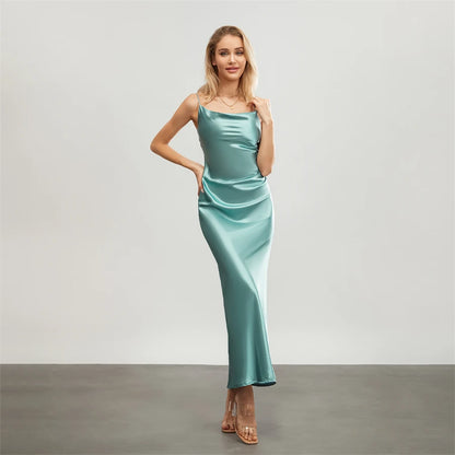 Satin Dresses - Backless Spaghetti Straps Party Long Dresses 2024 New Evening Gown Satin Vestidos Women's Cowl Neck Slip Wrap Dress