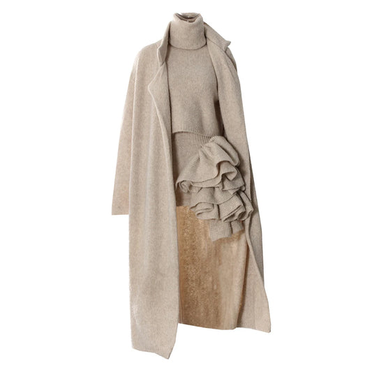 Knitwear - TWOTWINSTYLE Three Piece Set For Women Lapel Long Sleeve Coat High Neck Vest High Waist Patchwork Appliques Skirt Sets Female