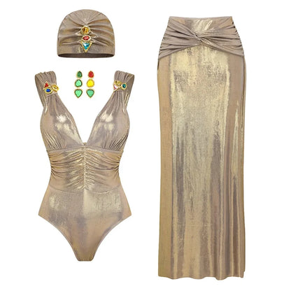 Metallic Swimwear - 2Pcs Hollow Swimsuit Women Sexy Swimwear 2025 New Bikini With Skirt Female Biquini Push Up Swim Suit Bodysuit Beachwear Cover Up
