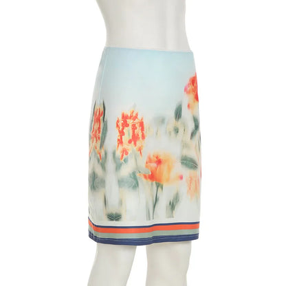 Skirt Sets - Print Floral Two Piece Sets Women Skirt Suit Spaghetti Strap Top Mini Skirt Sets Spring Slim Elegant Party Beachwear