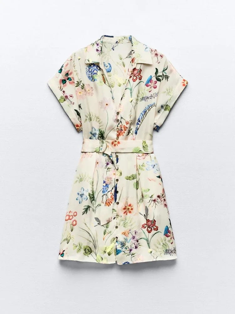 A-Line Dresses - ZBZA Women's Floral Print Satin Dress Short Turned-up Sleeves Self Belt Lapel Collar Pockets Button Mini Skirt Female Chic Dress