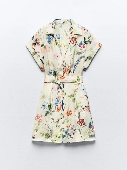 A-Line Dresses - ZBZA Women's Floral Print Satin Dress Short Turned-up Sleeves Self Belt Lapel Collar Pockets Button Mini Skirt Female Chic Dress
