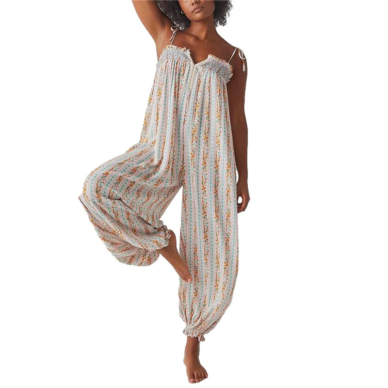 Jumpsuits - Women Summer Cami Jumpsuits Retro Floral Print Tie-Up Spaghetti Strap Sleeveless Long Rompers Fashion Loose Playsuits