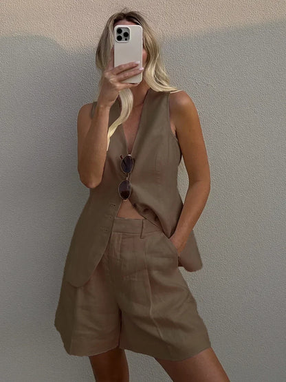 Shorts Sets - Cotton And linen Chic Casual Vest Shorts Set Women's Summer New Fashion Commuter Sleeveless Tank Top Shorts Suits