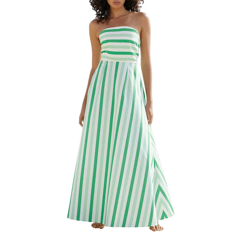 Strapless Dresses - Tube Dress for Women y2k Summer Striped Print Off Shoulder Strapless Sleeveless A Line Long Dress Beach Party Dresses