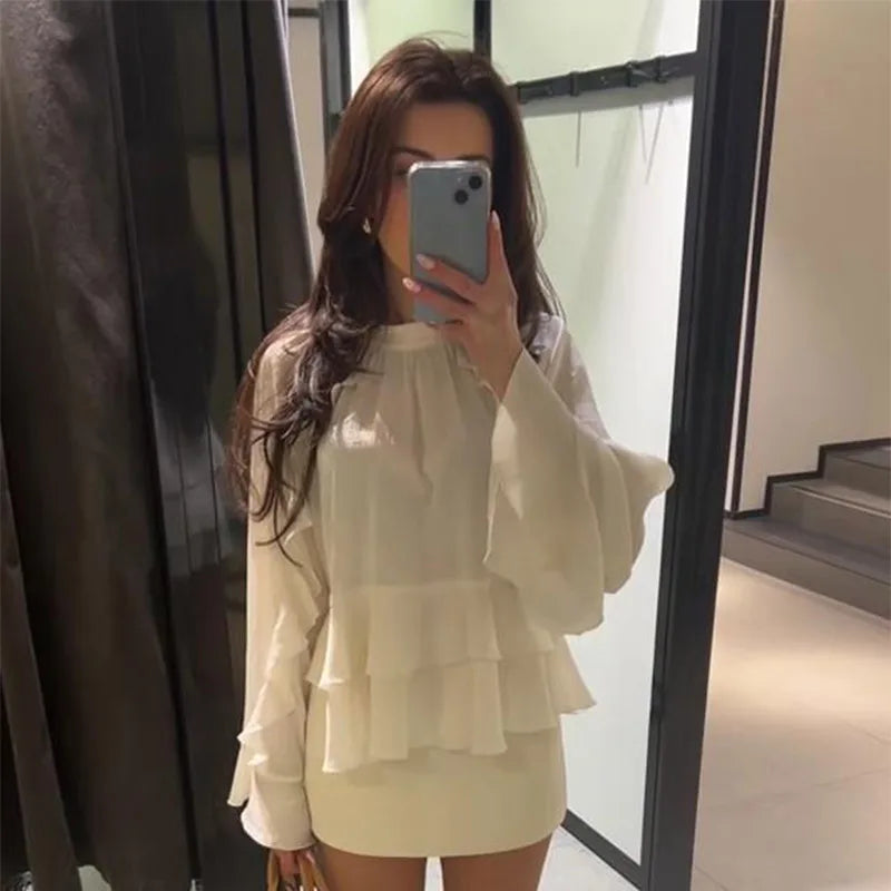 Blouses - Women's Chiffon Ruffle Shirts White Loose V-neck Lantern Sleeve See Through Blouses 2025 Spring Summer Lady Commute Outwears