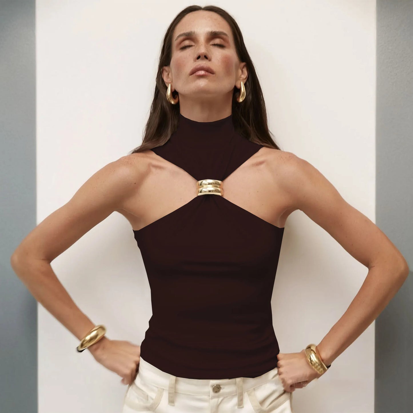 Halter Tops - Turtleneck Basic Knit Tank Tops Women Vest Pullovers Metal Ring Camisole Sleeveless Skinny Knitted Tops Y2K Cropped Top