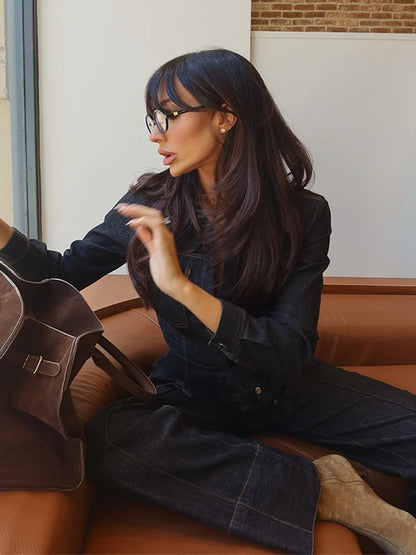 Pants Set - Denim Pants Set Women Lapel Long Sleeve Single Breasted Slim Jacket Zippers Straight Jeans Trousers 2025 Spring Lady Streetwear