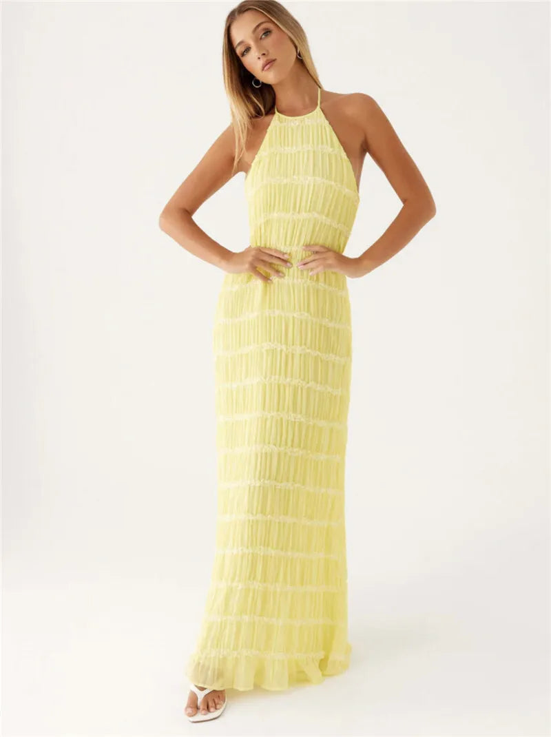 Party Dresses - Mozision Halter Backless Sexy Maxi Dress For Women Spring Summer New Lace-up Sleeveless Pleated Beach Holiday Long Dress Elegant