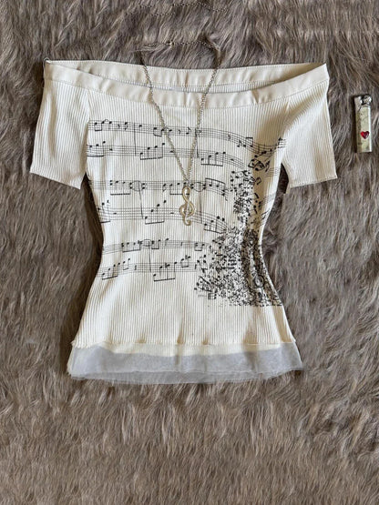 Off Shoulder Tops - Korean 2000s Punk Goth Girls Graphic Tops Off Shoulder Sexy Lace Cotton T Shirts Cute Music Pattern Y2K Sweet Women Crop Tops