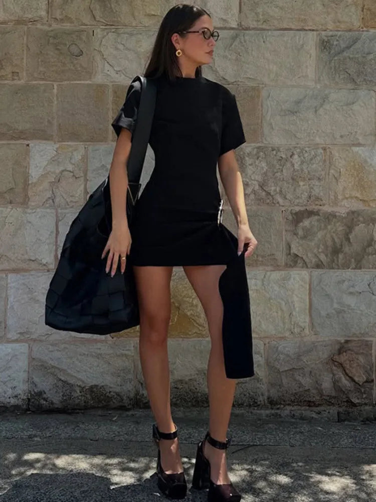 Mini Dresses - Short Sleeve Draped Sexy Mini Dress For Women Black Metal Buckle O Neck High Waist Bodycon Club Dress Vestido Clothes
