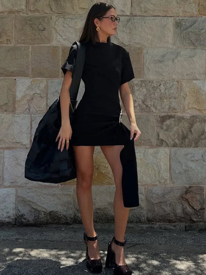 Mini Dresses - Short Sleeve Draped Sexy Mini Dress For Women Black Metal Buckle O Neck High Waist Bodycon Club Dress Vestido Clothes