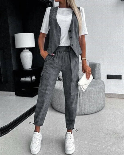 Pants Set - White Striped Vest Suit For Women Summer Casual V-neck Button Top Pocket Loose Pants Outfits Two-piece Suit For Women Elegant