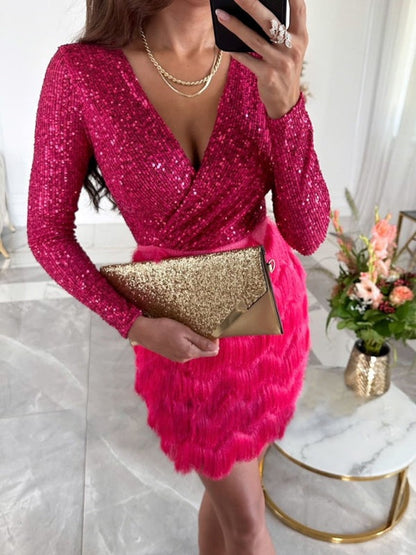 Sequined Dresses - Sparkling Surplice Mini Dress for Cocktail Parties