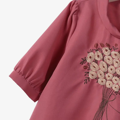 Matching Sets - Fashion Short Sleeve Floral Embroidery Blouse Wide Leg Pants Sets 2PCS Women Summer Tracksuit Casual Loose Trousers Suits