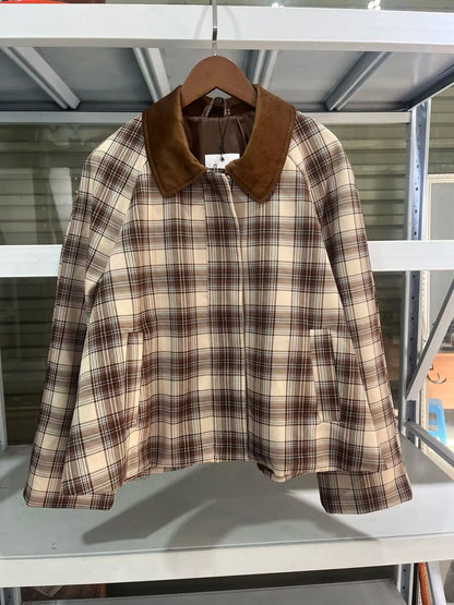 Jackets - Spring New Jacket French Romantic Women's Retro Plaid Cape Long Sleeve Cotton POLO Collar Jacket