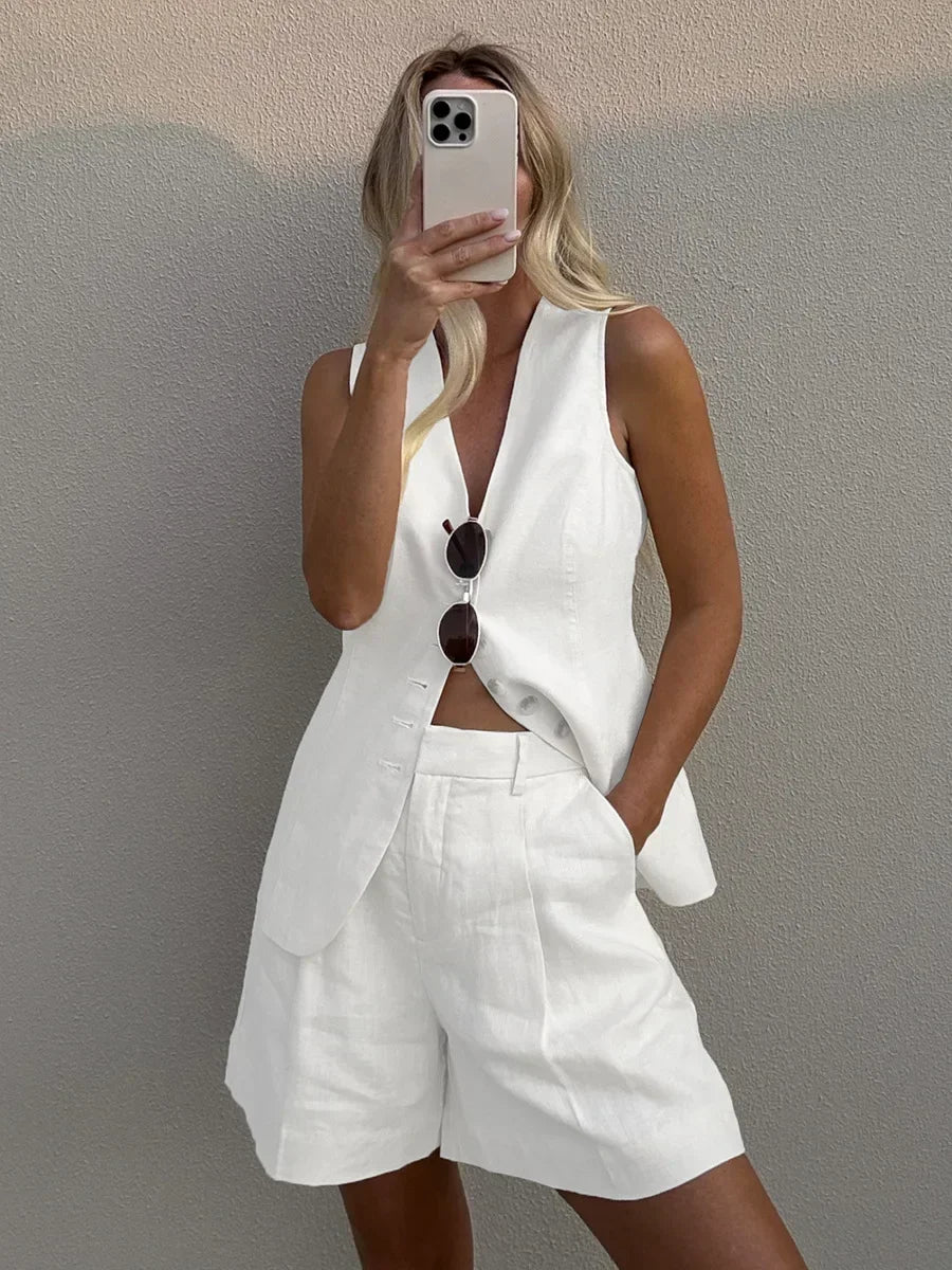 Shorts Sets - Cotton And linen Chic Casual Vest Shorts Set Women's Summer New Fashion Commuter Sleeveless Tank Top Shorts Suits