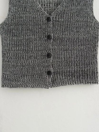 Knit Tops - Female Casual Slim Fit Sleeveless Single Breasted V Neck Crop Top Elegant Knit Vest for Women 2024 Fashion Lady Outwear