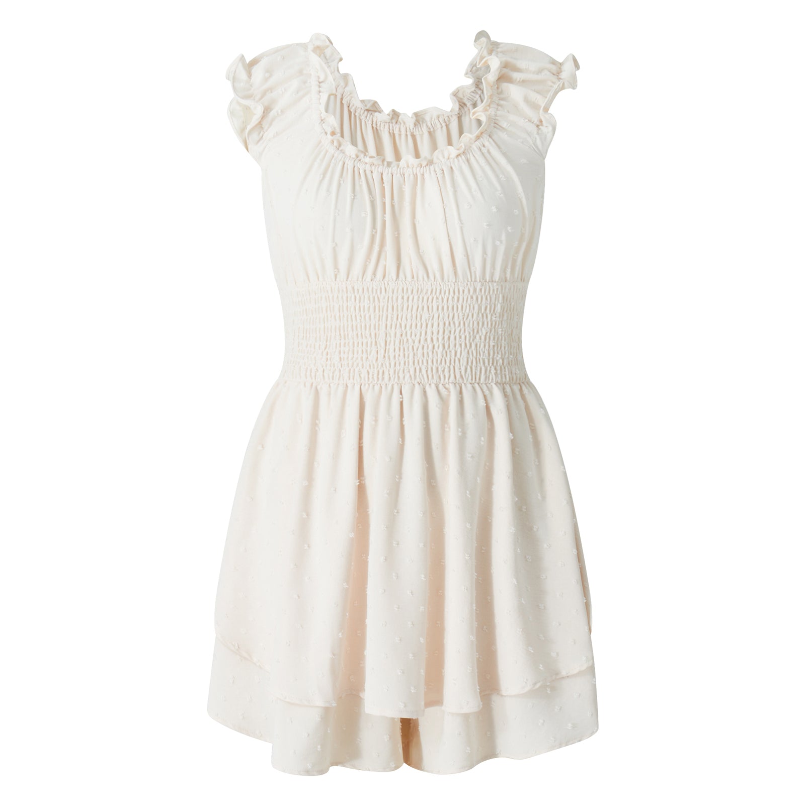 Playsuits - Boho Summer Off-Shoulder Ruffle Hem Playsuit Women Beach Streetwear Solid Color Short Sleeve High Waist Short Rompers