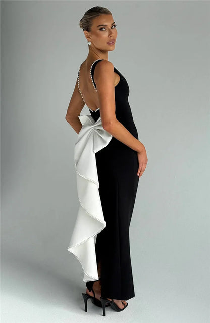 Elegant Dresses - Elegant Pearl Bow Backless Sexy Maxi Dress Women Gown Fashion Sleeveless High Waist A-line Club Party Long Dress