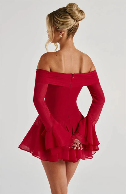 Party Dresses - Strapless Long Flare Sleeve Sexy Mini Dress For Women Robe Off-shoulder Backless High Waist A-line Club Party Dress