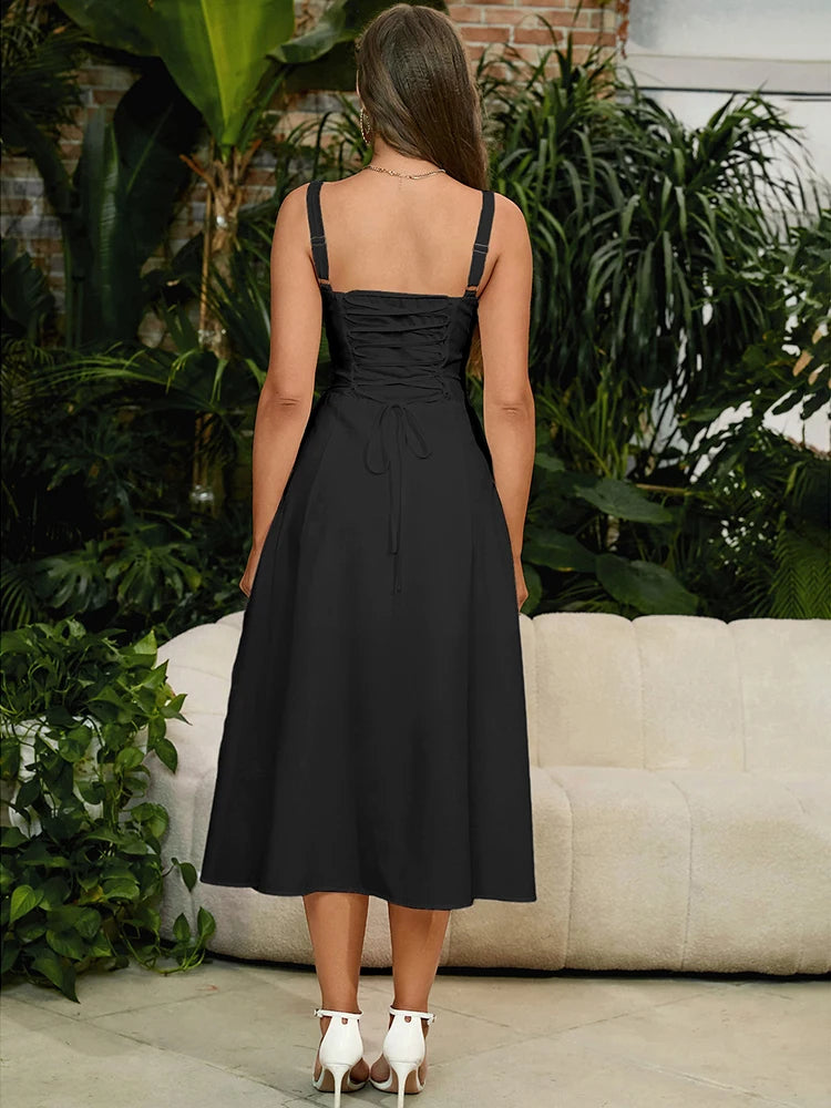 Cami Dresses - Summer Sweet Solid Sleeveless Long Dress Women Fashion Bandage Camisole Dresses Padded Boned Robe Elegant Party Vestidos