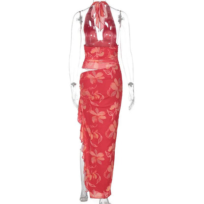 Party Dresses - Halter Deep V Neck Ruffled Sexy Maxi Dress For Women Fashion Sleeveless Backless High Waist Bodycon Club Printed Dress