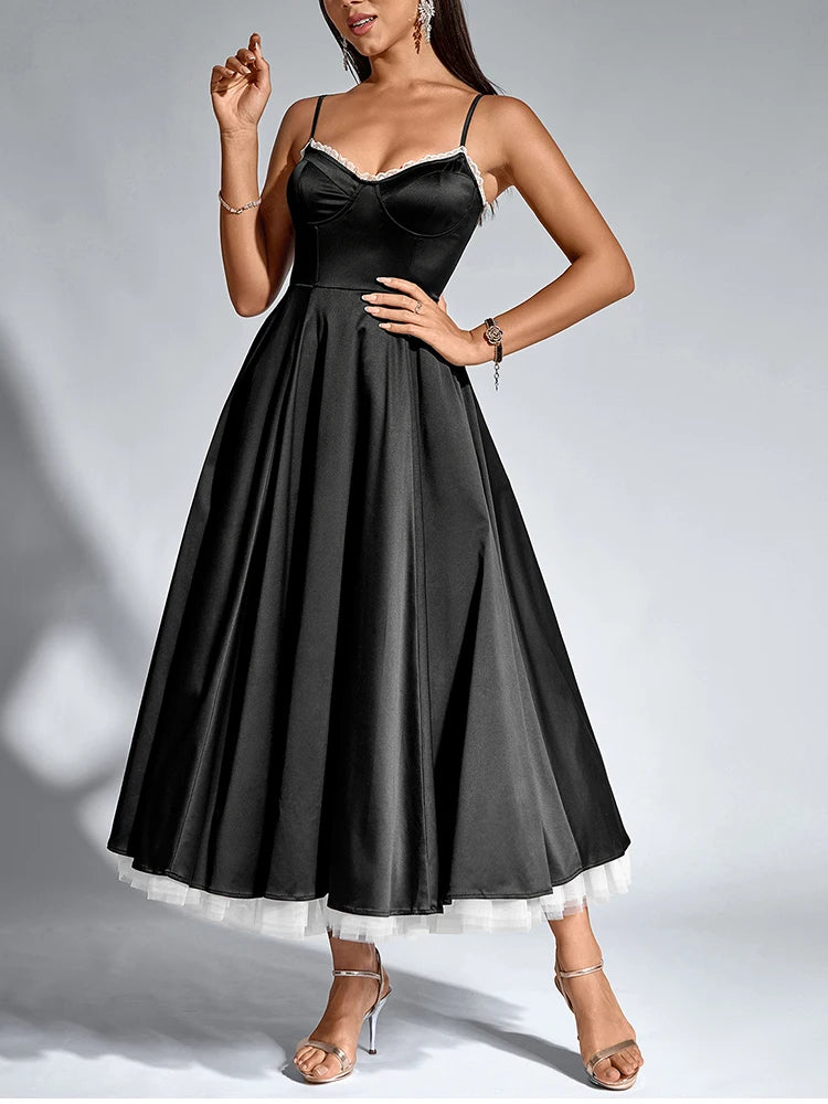 Elegant Dresses - Women's Adjustable Straps V-Neck Lace Slip Long Corset Dress Backless Contrast Elegant Casual Party Midi Dresses Black