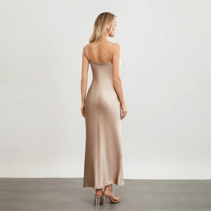Satin Dresses - Backless Spaghetti Straps Party Long Dresses 2024 New Evening Gown Satin Vestidos Women's Cowl Neck Slip Wrap Dress