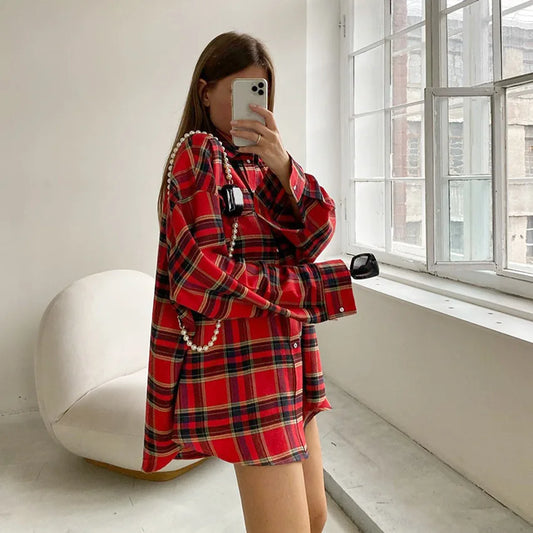 Plaid Shirt For Women, Red Bright Grid, Oversized Blouse, Leisure And Fashionable Top, Spring And Autumn Seasons