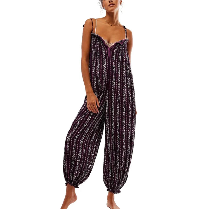 Jumpsuits - Women Summer Cami Jumpsuits Retro Floral Print Tie-Up Spaghetti Strap Sleeveless Long Rompers Fashion Loose Playsuits