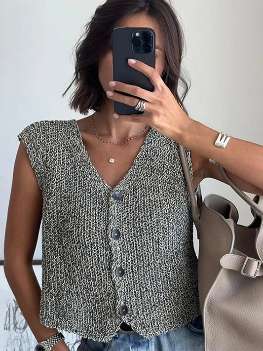 Knit Tops - Female Casual Slim Fit Sleeveless Single Breasted V Neck Crop Top Elegant Knit Vest for Women 2024 Fashion Lady Outwear
