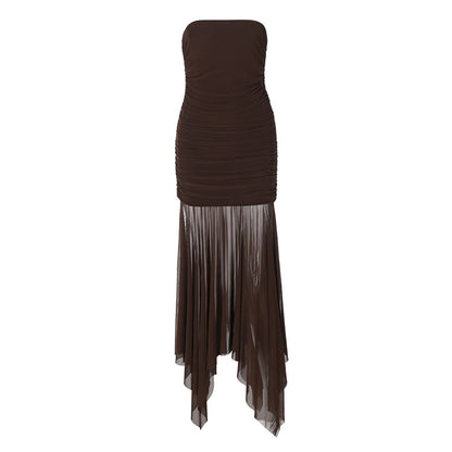 Elegant Dresses - Off-shoulder Strapless Sexy Maxi Dress For Women Borwn Sleeveless Backless High Waist Bodycon Club Long Dress Elegant