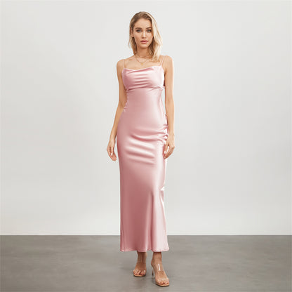 Satin Dresses - Backless Spaghetti Straps Party Long Dresses 2024 New Evening Gown Satin Vestidos Women's Cowl Neck Slip Wrap Dress