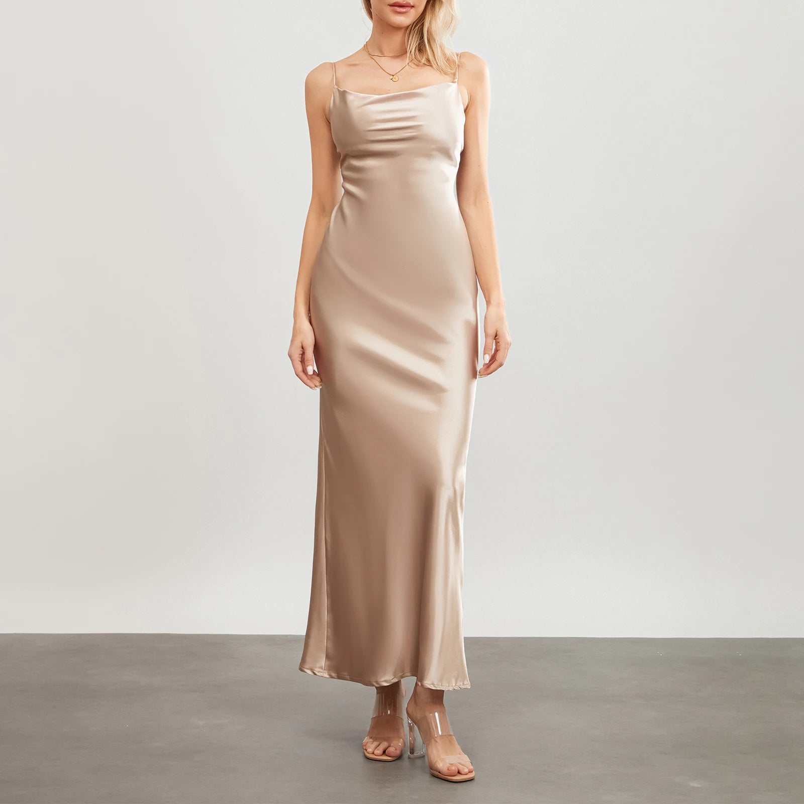 Satin Dresses - Backless Spaghetti Straps Party Long Dresses 2024 New Evening Gown Satin Vestidos Women's Cowl Neck Slip Wrap Dress