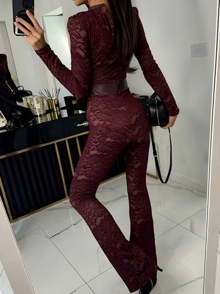Jumpsuits - Mozision Lace Print Long Sleeve Jumpsuits Women Overalls Fashion Autumn Winter New Two Layer O Neck Slim Fit Sexy Jumpsuits
