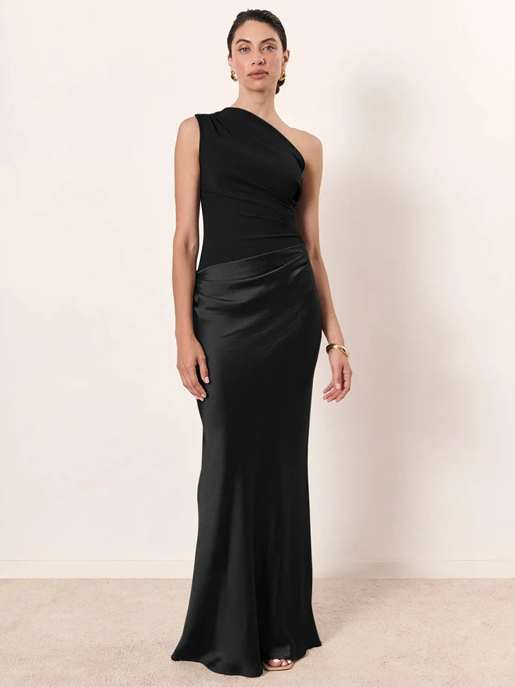 Elegant Dresses - Satin Inclined Shoulder Sexy Maxi Dress Women Fashion Patchwork Sleeveless Backless Bodycon Evening Club Party Dress