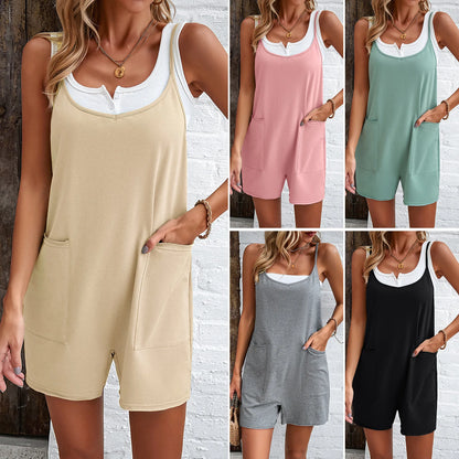 Overalls - Cute Spring Summer Women's Casual Solid Color Suspender Jumpsuit Sleeveless Loose Straight Overalls Elegant Clothing