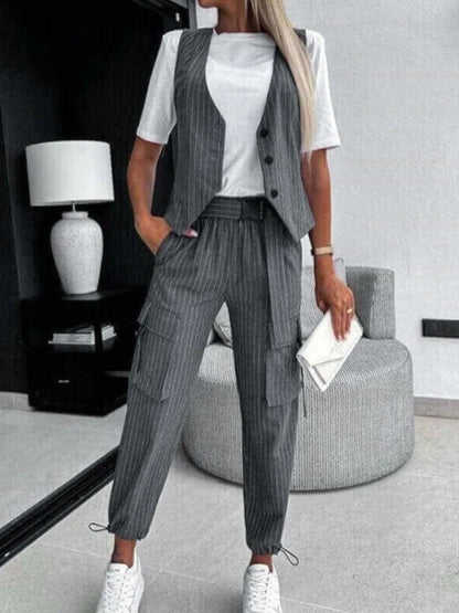 Pants Set - White Striped Vest Suit For Women Summer Casual V-neck Button Top Pocket Loose Pants Outfits Two-piece Suit For Women Elegant