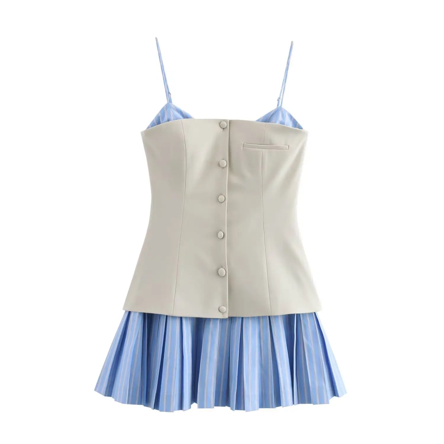 Cami Dresses - Women Stripe Splicing Short Dress Summer Sexy Sleeveless Party Mini Dress Female Single-Breasted Slim Pleated Sling Dress