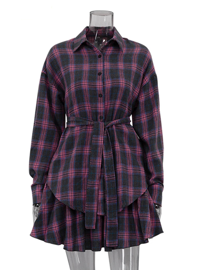 Fashion Loose Plaid 2 Piece Sets Women Outfit 2025 Elegant Long Sleeve Shirt With High Waist Mini Skirt Set Female