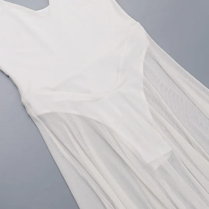 See-through Dresses - White Mesh Pleated Evening Club Party Dress Women Robes Backless Elegant Sexy Dress Bodycon Long Summer Dress Vestidos