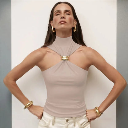 Halter Tops - Turtleneck Basic Knit Tank Tops Women Vest Pullovers Metal Ring Camisole Sleeveless Skinny Knitted Tops Y2K Cropped Top