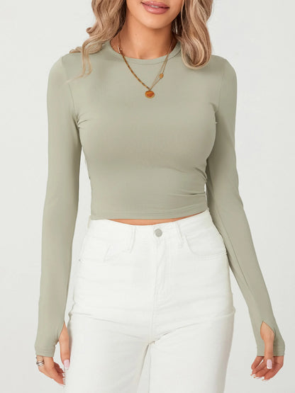 Tees - Fashion Women Basic T-shirt with Thumb Holes Long Sleeve Crew Neck Solid Slim Fit Basic Crop Top Streetwear