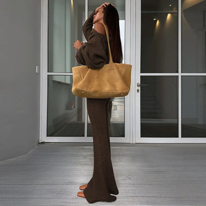 Elegant Fashion Outfits Two Piece Sets Asymmetrical Top and Flare Pant Casual Women Matching Sets Loungewear