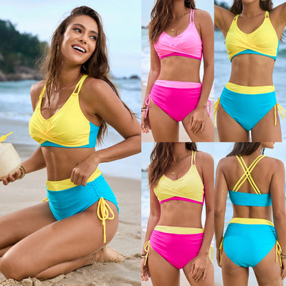 Swimwear - 2025 new swimsuit solid color splicing rope cross bag swimsuit women's split bikini bikini
