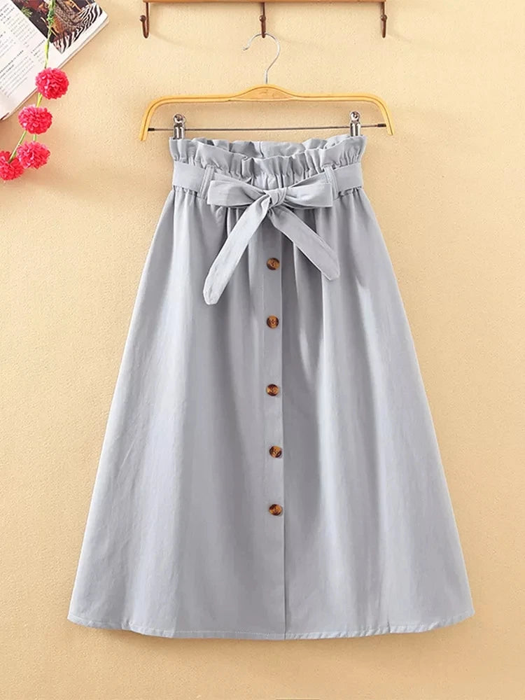 Midi Skirts - Summer Autumn Skirts Womens Midi Knee Length Korean Elegant Button High Waist Skirt Female Pleated School Skirt